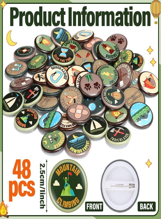 Suncalla 48 Pcs Spring Camping Party Favors 1 Inch Scout Camping Pins Bulk Adventure Hiking Style Pin Outdoor Theme Decor for DIY Costume Backpack Scout Event Adventure Birthday Supplies(Retro Color) - Image 2
